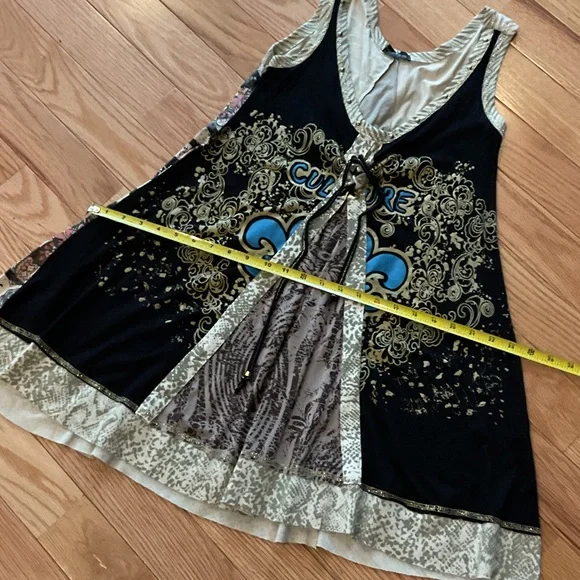 Black Boho Graphic Tank tunic Dress Turquoise NWOT Small Ptp 14 hits mid thigh - Picture 3 of 11